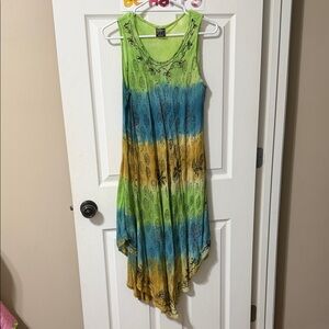 Asymmetrical Sleeveless Dress in Green, Blue, and Yellow
